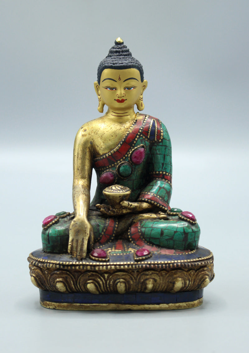 Face Painted Ruby and Emerald Inlaid Shakyamuni Buddha Statue 5.5"