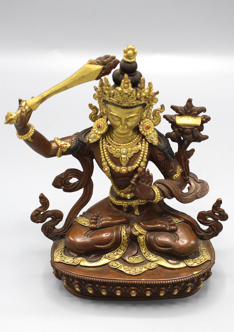 Partly Gold Painted Copper Tibetan Manjushree Statue