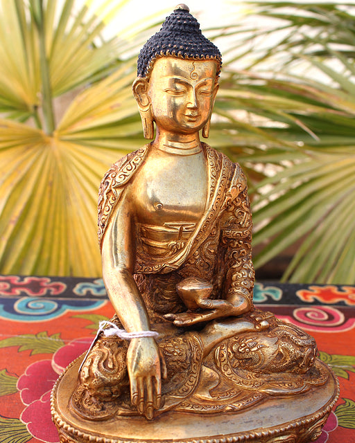 Dragon Carved Fully Gold Plated Shakyamuni Buddha Statue - nepacrafts