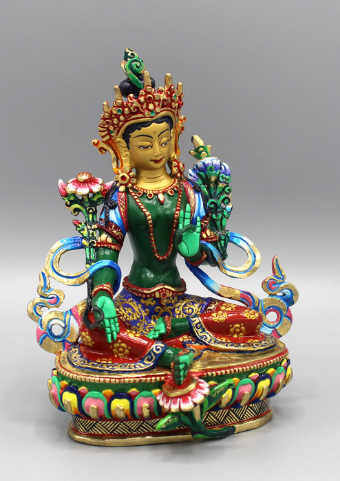 Fine Carving Green Tara Hand Painted Statue - nepacrafts