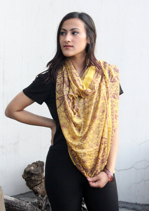 Yellow and Marron Cotton Summer Scarf with Flower Print - nepacrafts