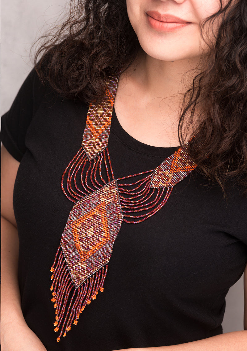 Orange Maroon Glass Seed Beads Layered Necklace