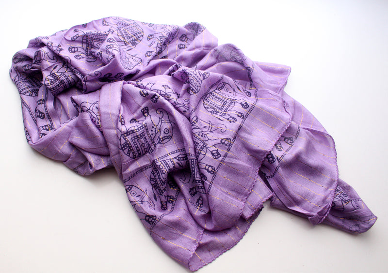 Cotton Meditation Scarf with Elephant Print, Purple Jari Shawl/Scarf - nepacrafts