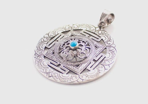 Turquoise Inlaid Fine Craft Silver Sterling 925 Mandala Pendant - nepacrafts