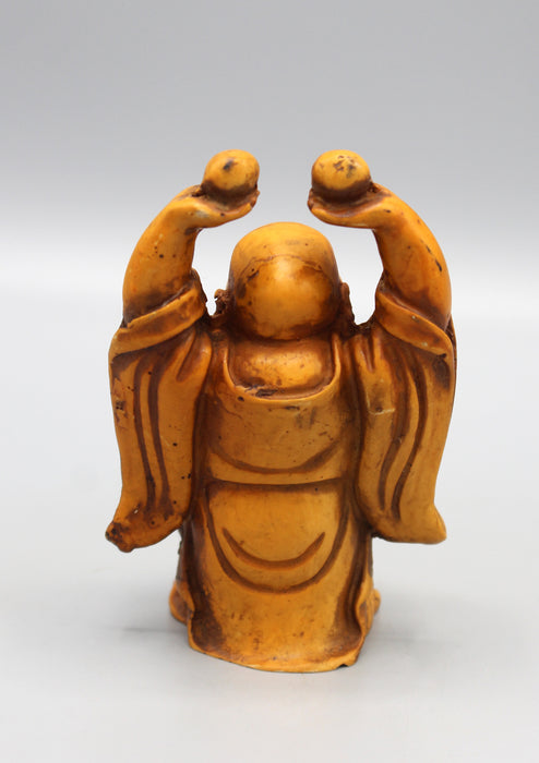 Brown Laughing Buddha Raising Both Hand Resin Statue - nepacrafts