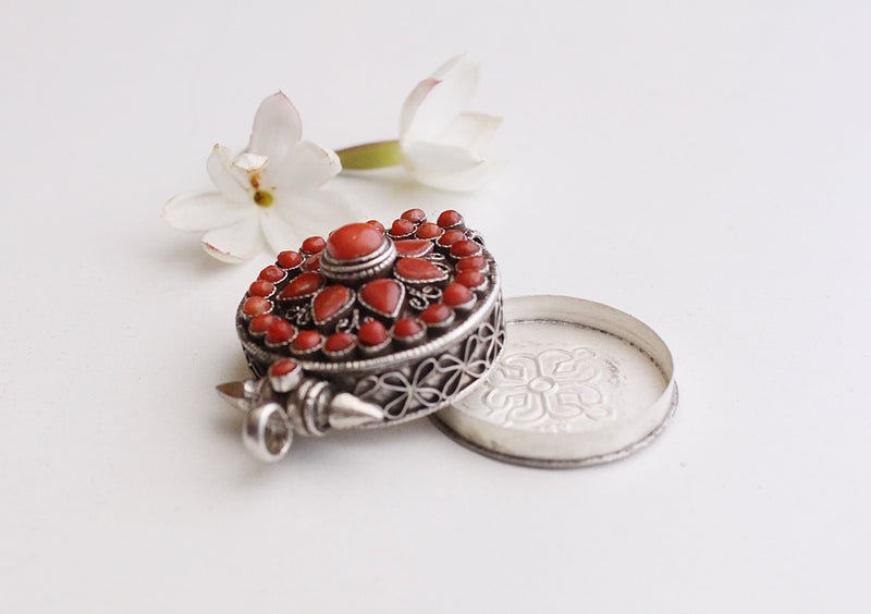 Silver Sterling Round Tibetan Ghau Pendant Carved with Plumeria Flower - nepacrafts
