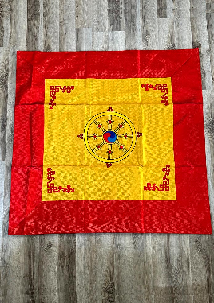Dharma Chakra Yellow Altar Cloth with Red Border
