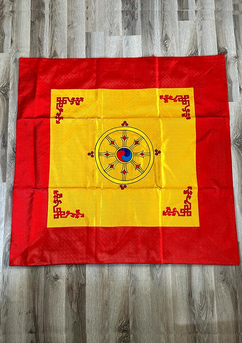 Dharma Chakra Yellow Altar Cloth with Red Border