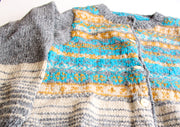 Aqua Blue and Mustard Lining Hand Knitted Pure Woolen Cardigan Sweater - nepacrafts