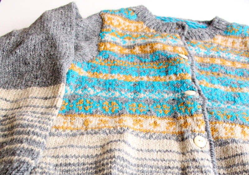 Aqua Blue and Mustard Lining Hand Knitted Pure Woolen Cardigan Sweater - nepacrafts