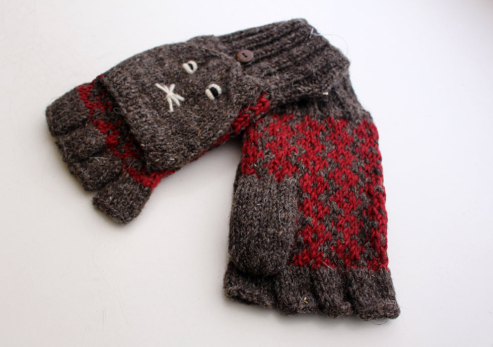 Natural Color Cat Design Knit Wool Convertible Woolen Mittens (Natural WOG41)