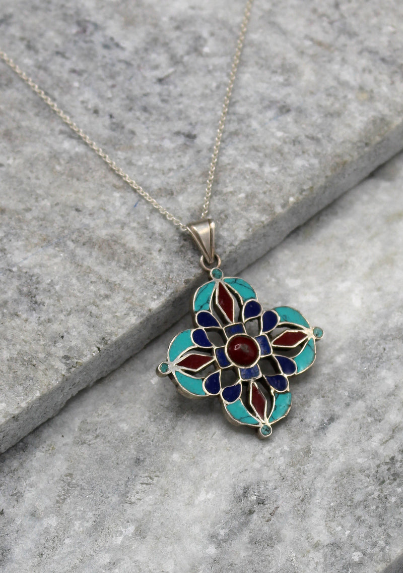 Double Dorjee Flower Sterling Silver Pendant - nepacrafts