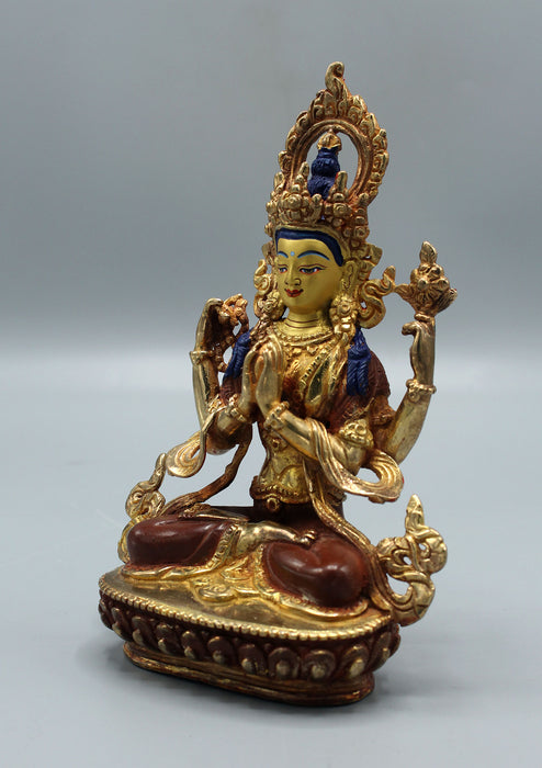 Four Armed Gold Plated Chenrezig Statue 6.5"