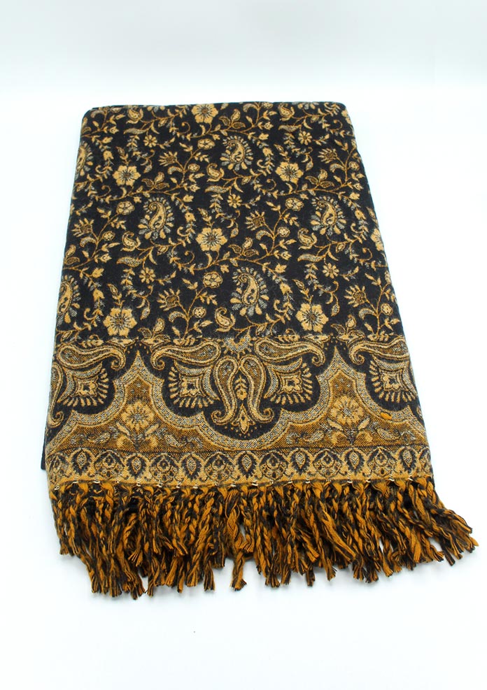 Hand Loomed Black Flower Pattern Print Yak Wool Shawl