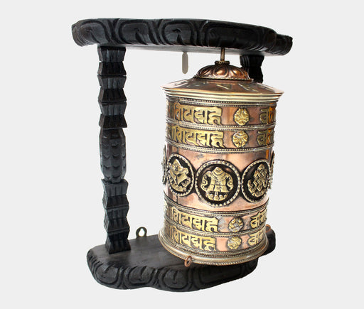 Large Copper Prayer Wheel with Wooden Wall Frame - nepacrafts