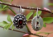 Round Silver Carving Flower Earrings with Garnet Inlays - nepacrafts