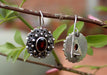 Round Silver Carving Flower Earrings with Garnet Inlays - nepacrafts