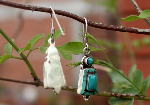 Tibetan Silver Sterling Turquoise Inlaid Earrings - nepacrafts