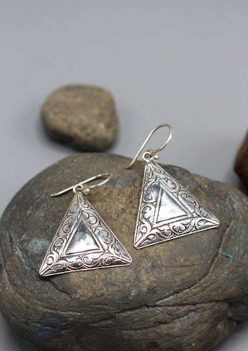 Traditional Triangle Hand Carved Silver Earrings