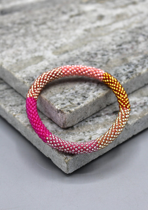 Royal Pink and Multi Colors Strips Glass Beads Bracelet