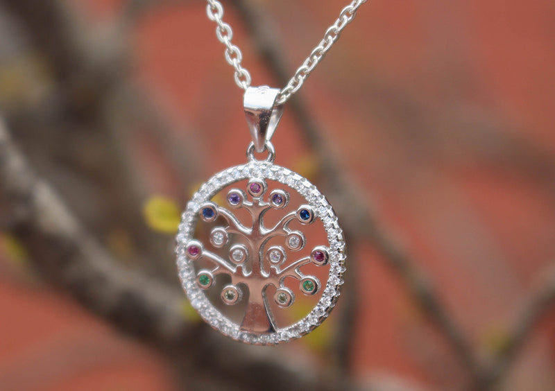 Sterling Silver Tree of Life Pendant with Multi Color Inlaid Stone - nepacrafts