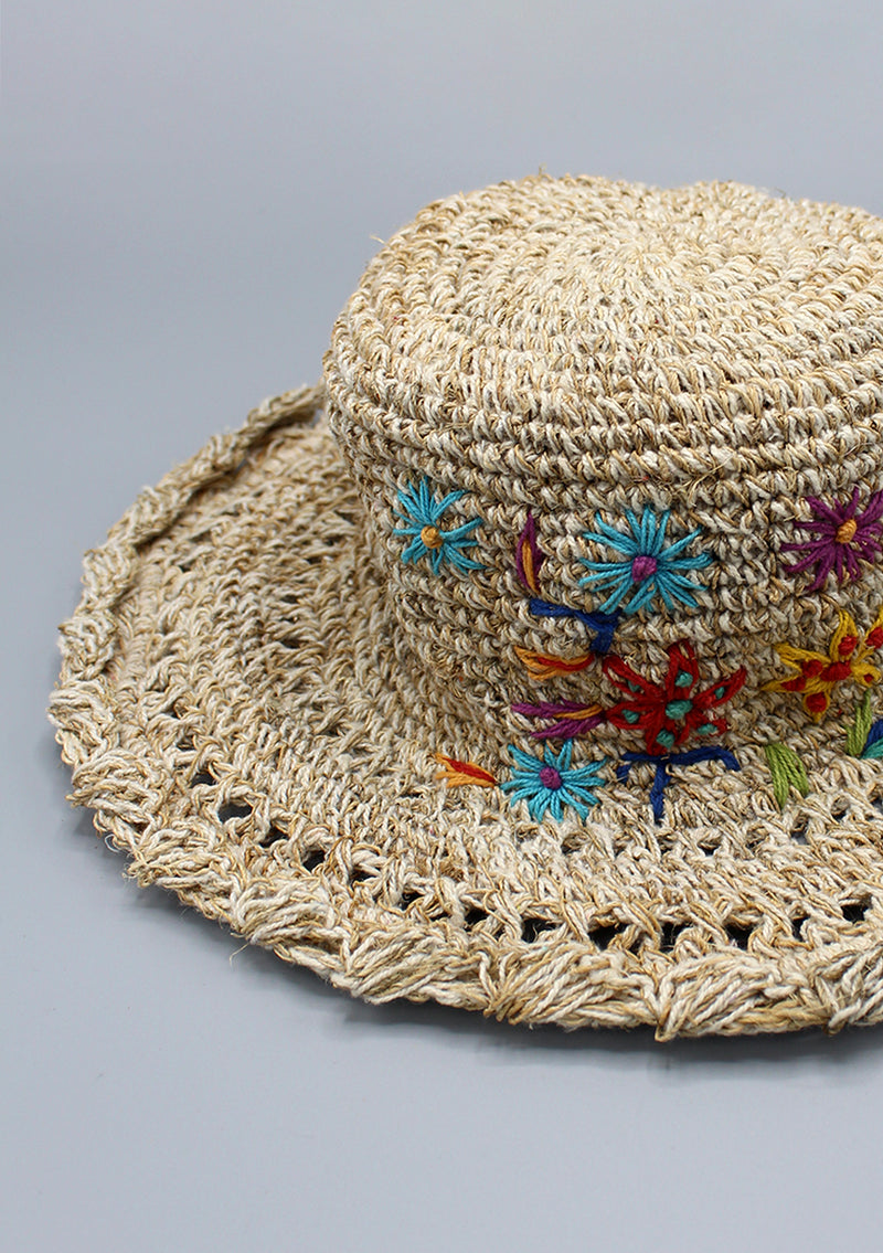 Flower Embroidery Summer Hemp Hat - nepacrafts