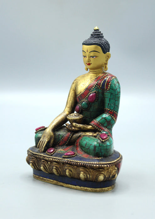 Face Painted Ruby and Emerald Inlaid Shakyamuni Buddha Statue 5.5"