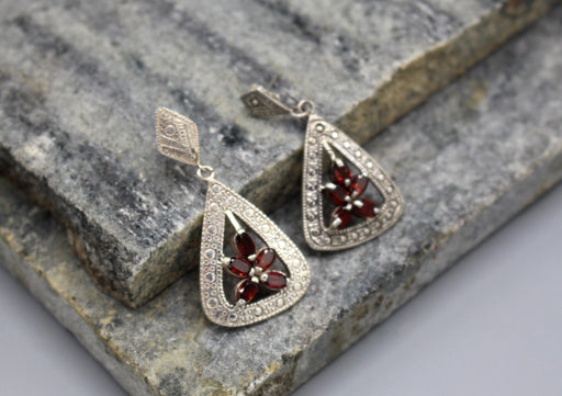 Fine Carving Garnet Inlaid Sterling Silver Dangle Earrings - nepacrafts
