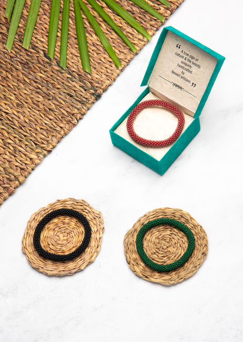 Fair Trade Nepalese Maroon Green Black Roll on Beads Bracelet Set
