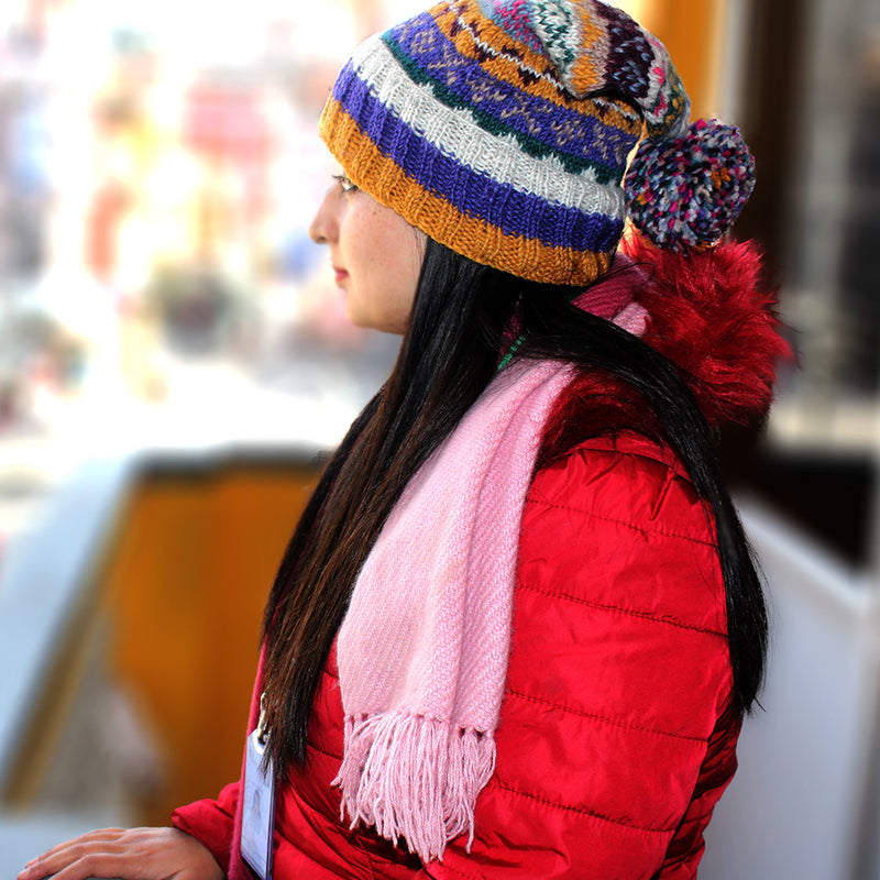 Hand Knit 100% Woolen Yellow, Blue and Pink Multicolored Sherpa Pom Pom Beanie - nepacrafts