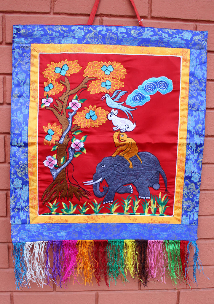 Four Harmonious Friends Embroidered Brocade Framed Wall Hanging - nepacrafts