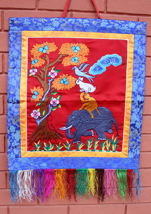 Four Harmonious Friends Embroidered Brocade Framed Wall Hanging - nepacrafts