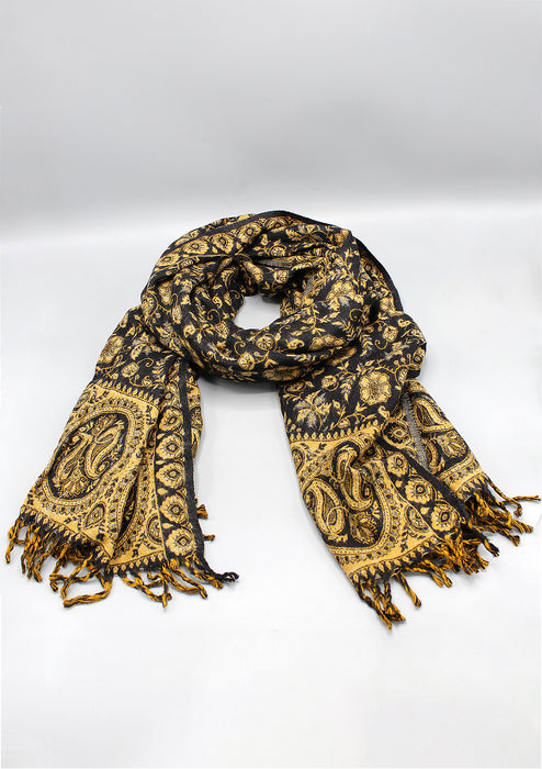Hand Loomed Floral Black and Yellow Print Yak Wool Shawl