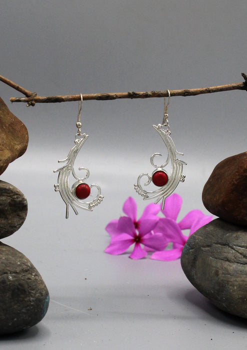 Lovely Floral Design Silver Plated Coral Inlaid Earrings