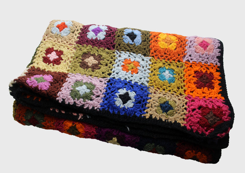 Square Multicolor Flower Pattern Hand Crochet Woolen Blanket/Throw - nepacrafts