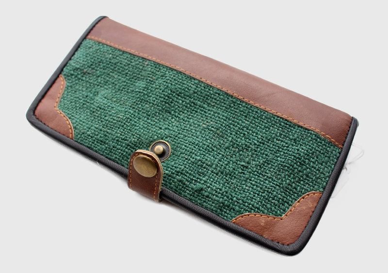 Green Hemp Clutch Purse with Leather Edging, Women Hand Purse - nepacrafts