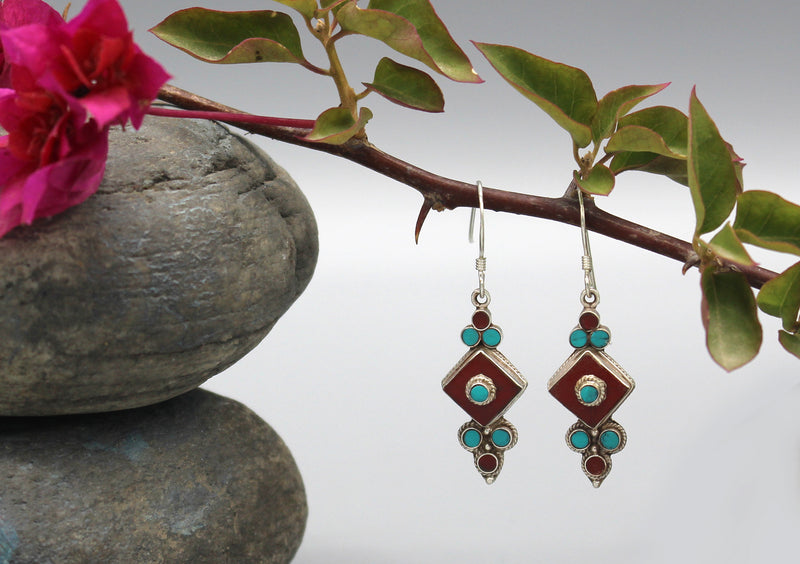 Diamond Cut Design Flower Drop Sterling Silver Earrings - nepacrafts