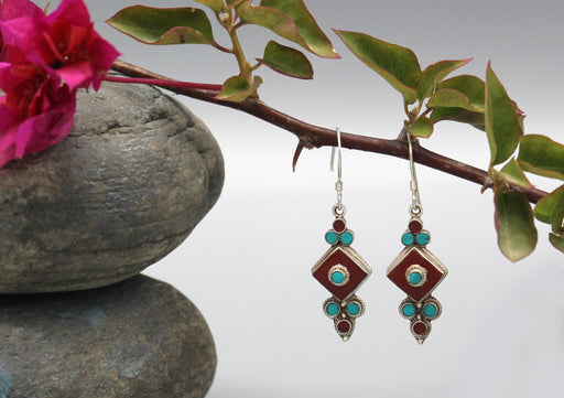 Diamond Cut Design Flower Drop Sterling Silver Earrings - nepacrafts