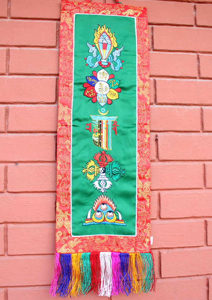 Tibetan Five Symbol Embroidered Polyester Wall Hanging Banner - nepacrafts