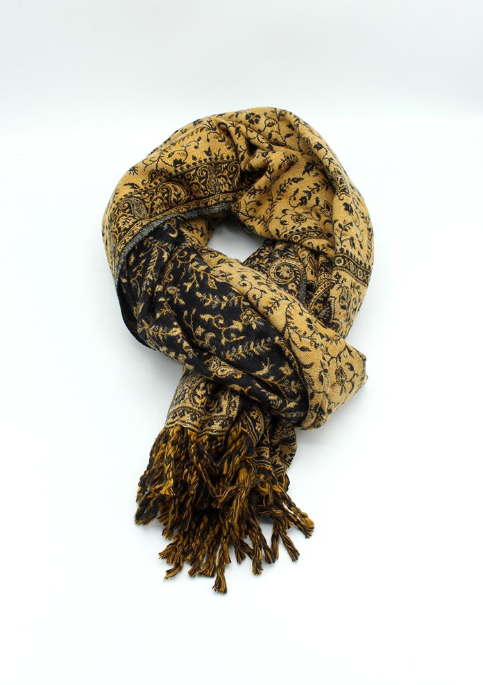 Hand Loomed Black Floral Pattern Print Yak Wool Shawl
