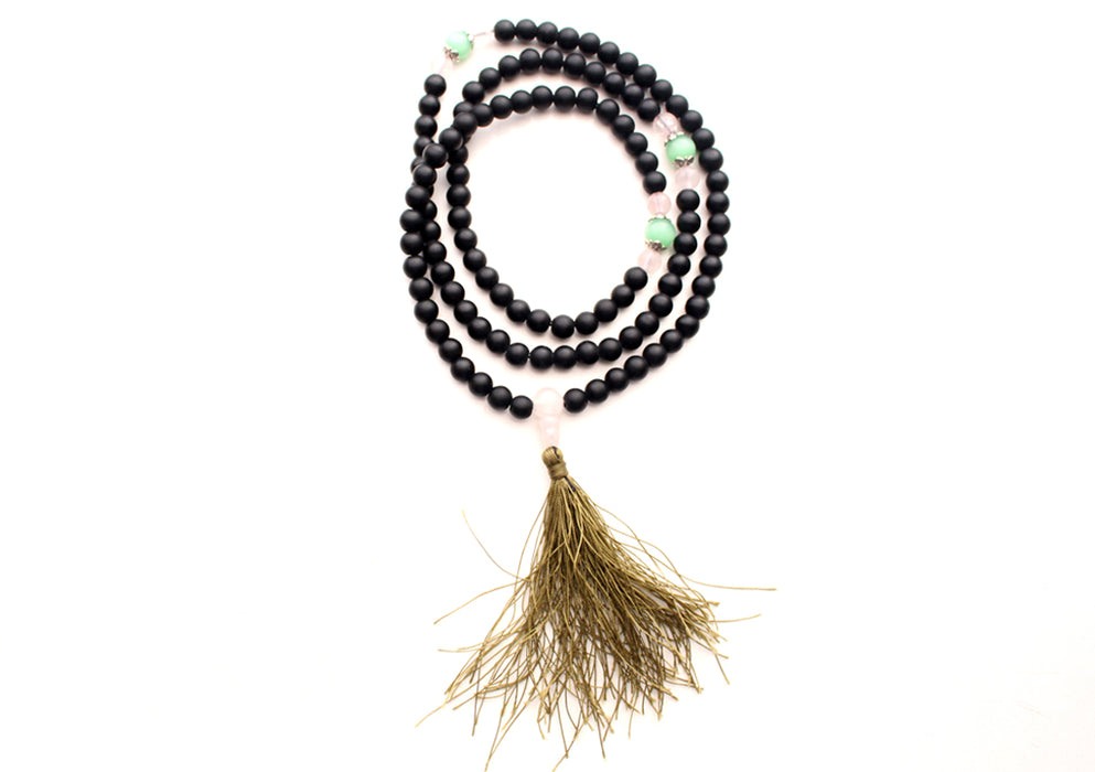 Green Onyx Spacer 108 Black Beads Prayer Mala with Green Tassel - nepacrafts