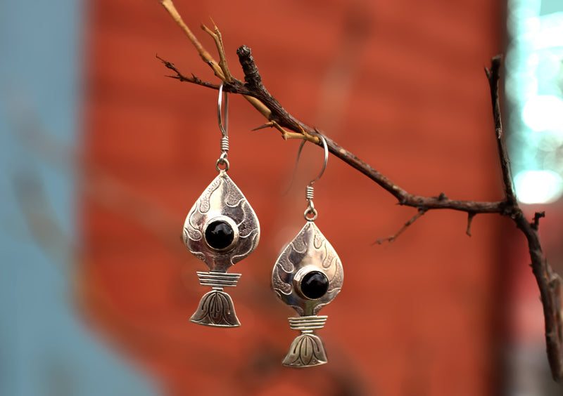 Black Onyx Inlaid Silver Sterling Tibetan Flame Earrings - nepacrafts