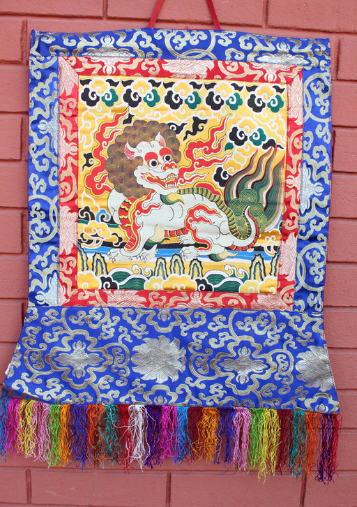 Snow Lion Silk Brocade Wall Hanging - nepacrafts