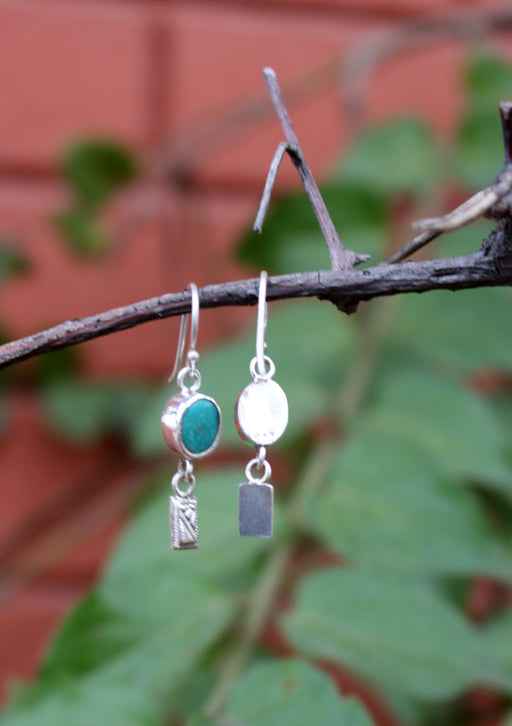 Turquoise Inlaid Round Silver Drop Earrings - nepacrafts
