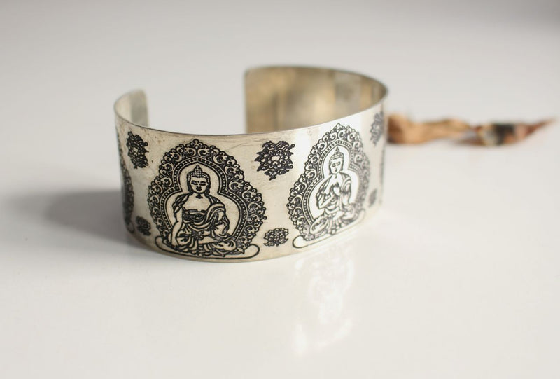 Pancha Buddha Carved White Metal Healing Cuff Bangle - nepacrafts