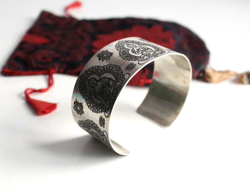 Pancha Buddha Carved White Metal Healing Cuff Bangle - nepacrafts
