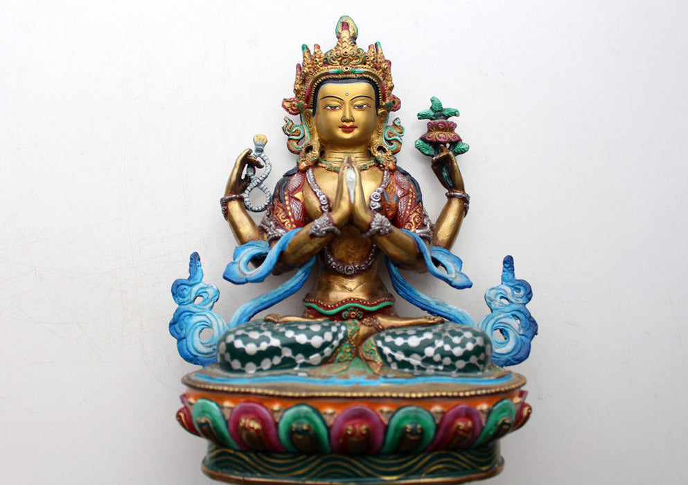 Intricately Hand Carved and Painted Chenrezig Statue 8.5" - nepacrafts