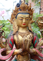 19" High Chenrezig Statue Inlaid Turquoise and Stone - nepacrafts