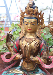 19" High Chenrezig Statue Inlaid Turquoise and Stone - nepacrafts