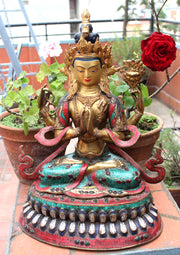 19" High Chenrezig Statue Inlaid Turquoise and Stone - nepacrafts